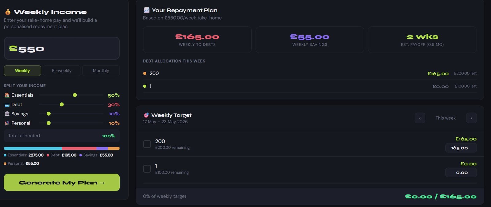 My Debt Plan — Budget planner showing repayment plan and weekly targets